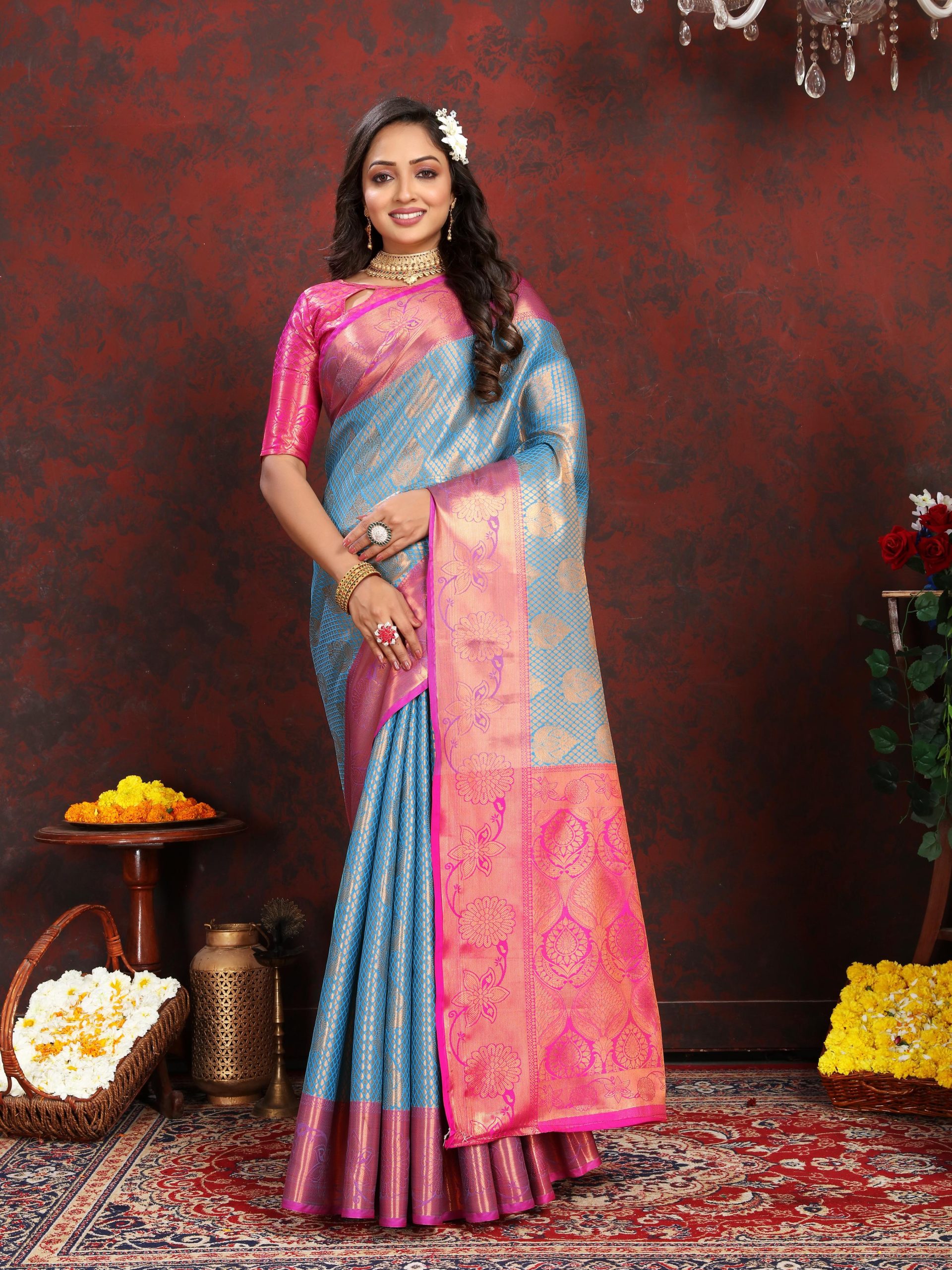 Blue Silk Gold And Silver Zari Weaving Saree